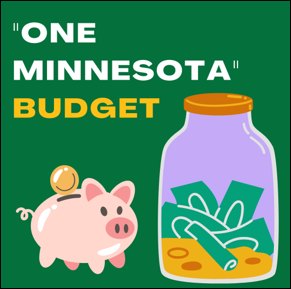 'One Minnesota' Budget. Illustration of a piggy bank. Illustration of jar with money.